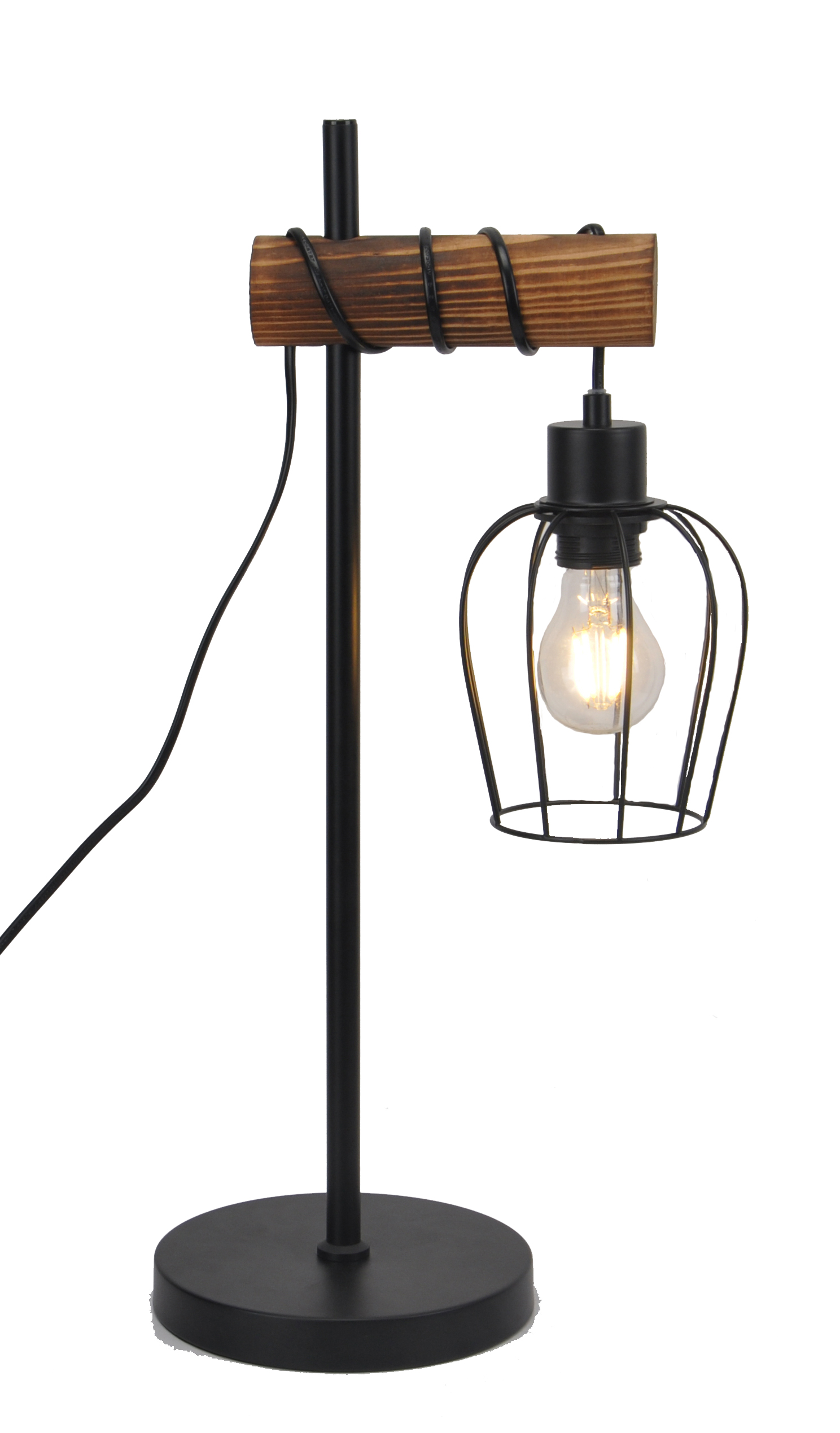Metal table light with wood pole